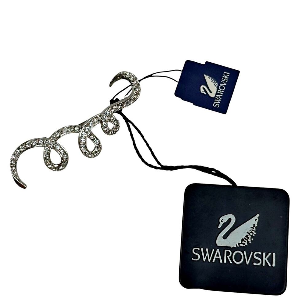 Swarovski Crystal Swirl Ribbon Bar Curly Brooch Pin Signed NWT Silver Tone 2"